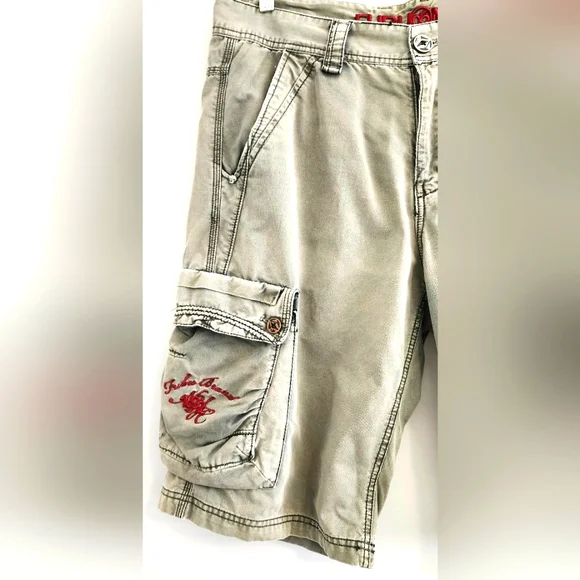 FUBU Men Short Cargo Size 34 Grey Button Zipper Pockets Cotton - Picture 3 of 9